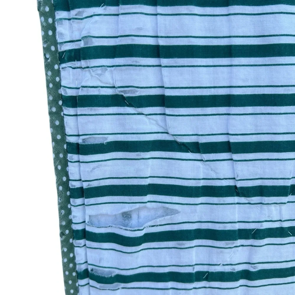 VTG Garden Block Quilt Floral Striped Reversible Hand Sewn Pink Green 82x84 FLAW